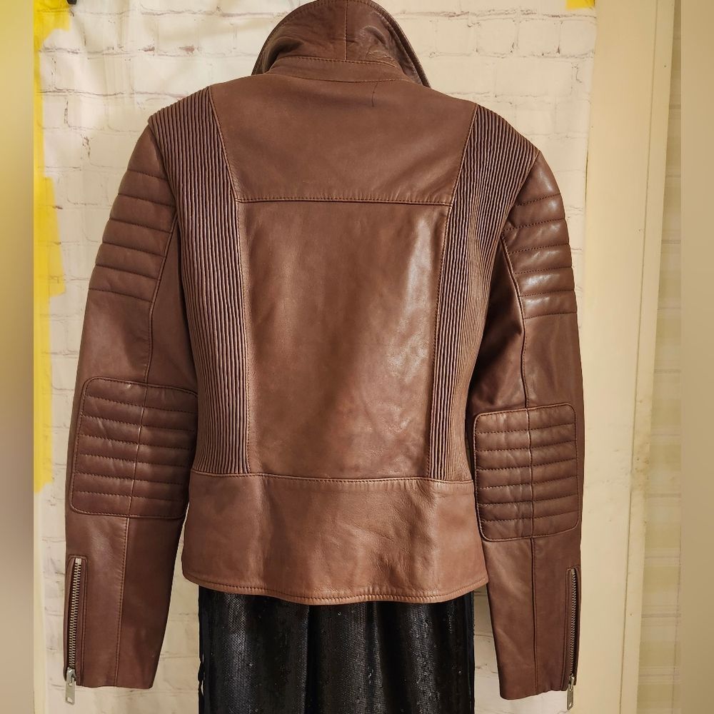 AllSaints “Alder Biker" Brown Buttery Leather Moto Jacket US 6/ EU 38 Ret. $499 - Picture 3 of 14